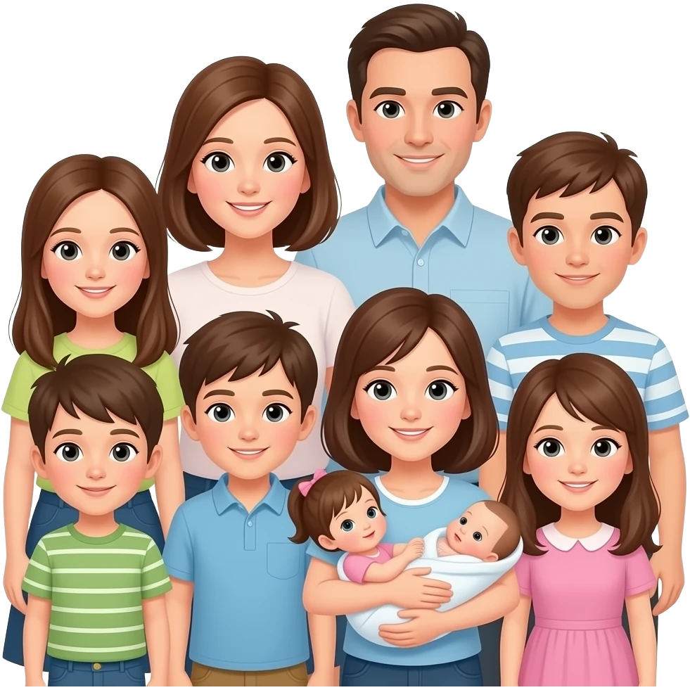 family of 8 white people and all with brown hair with 2 parents mom and dad with 6 kids 12 year old girl 10 year old boy 9 year old boy 8 year old girl smaller than the 9 yeaarold small 2 year old girl being held and newborn girl emoji