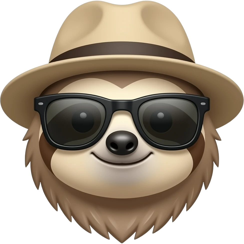 sloth with sunglassess face and neck and hat emoji