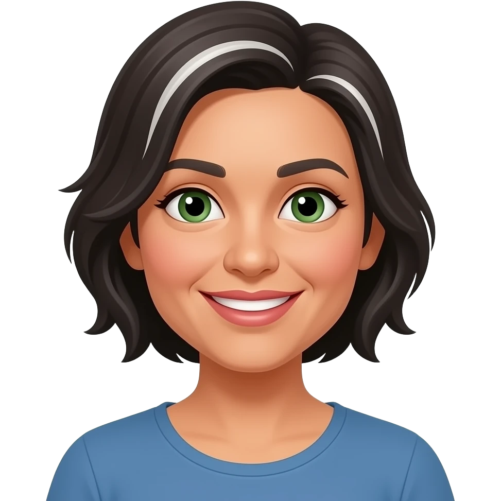 hispanic, female, green eyes, asimetrical short hair some white, always smiling, kind, around 45yr of age loves, blue, thin ayebrows, lips not full but not thin emoji