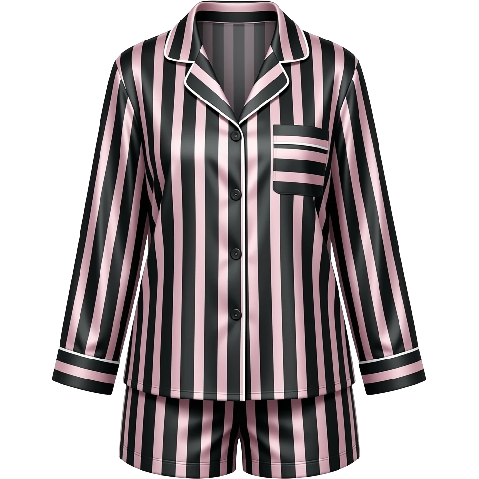 black silk female pajama top & shorts set with light pink lines emoji