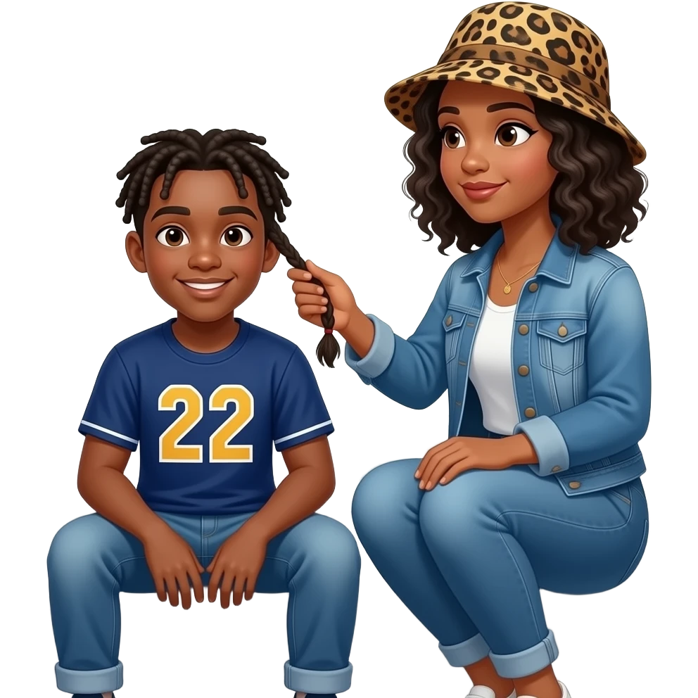 African American teenage boy with braids  sitting on house porch steps wearing a jersey shirt with the number 22 on it, getting his hair braided by a African American woman with shoulder length curly black hair wearing a leopard print bucket hat wearing denim jeans and a denim jacket emoji