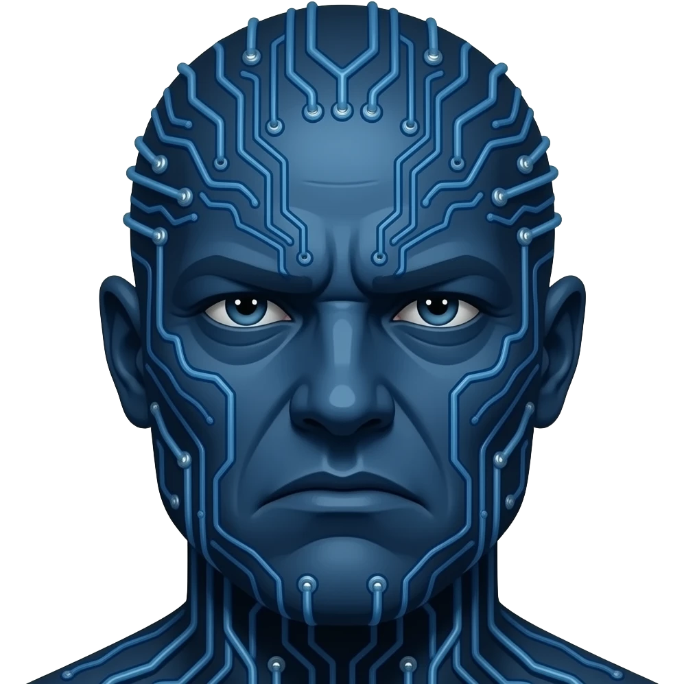 The image features a stylized prehistoric and frowning portrait of Blaze Bayley with dark blue skin covered in computer circuitry and small tubes emoji