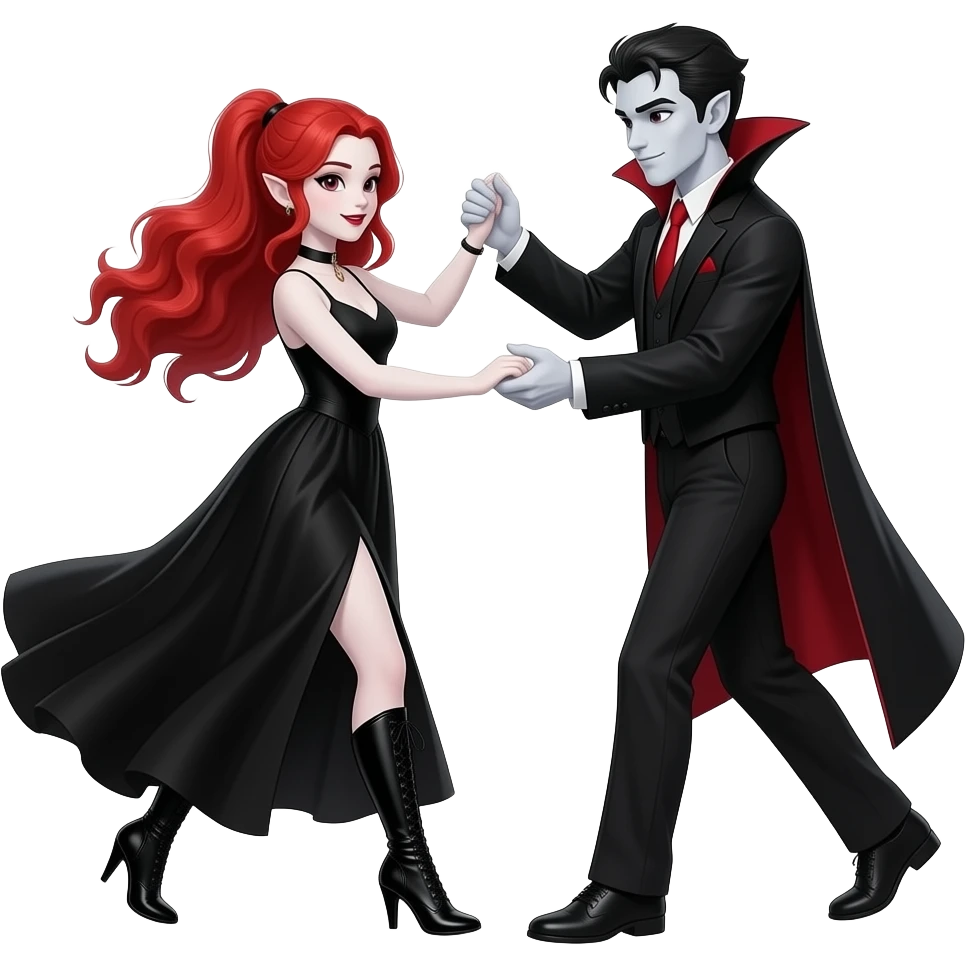 Vampiro femmina ADOLESCENTE con pelle bianca e capelli rosso ondulati lunghi raccolti in una mezza coda che indossa un vestito  lungo fino ai piedi nero e stivali lunghi con tacco neri che sta ballando un valzer con il suo ragazzo VAMPIRO emoji