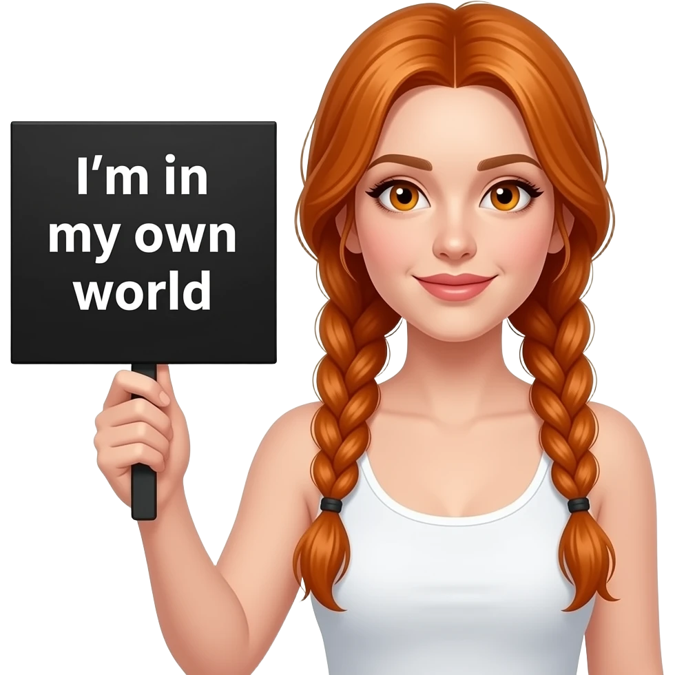 sexy girl with long ginger braids and ginger eyes wearing a white tanktop is holding a black sign with Ich bin dann mal IN MEINER WELT written on it emoji