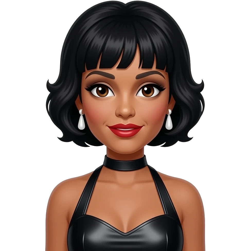 Patti LaBelle with dark brown eyes, black 60s beehive hair, black eyeshadow, red lipstick, black metallic halter dress, white earrings emoji