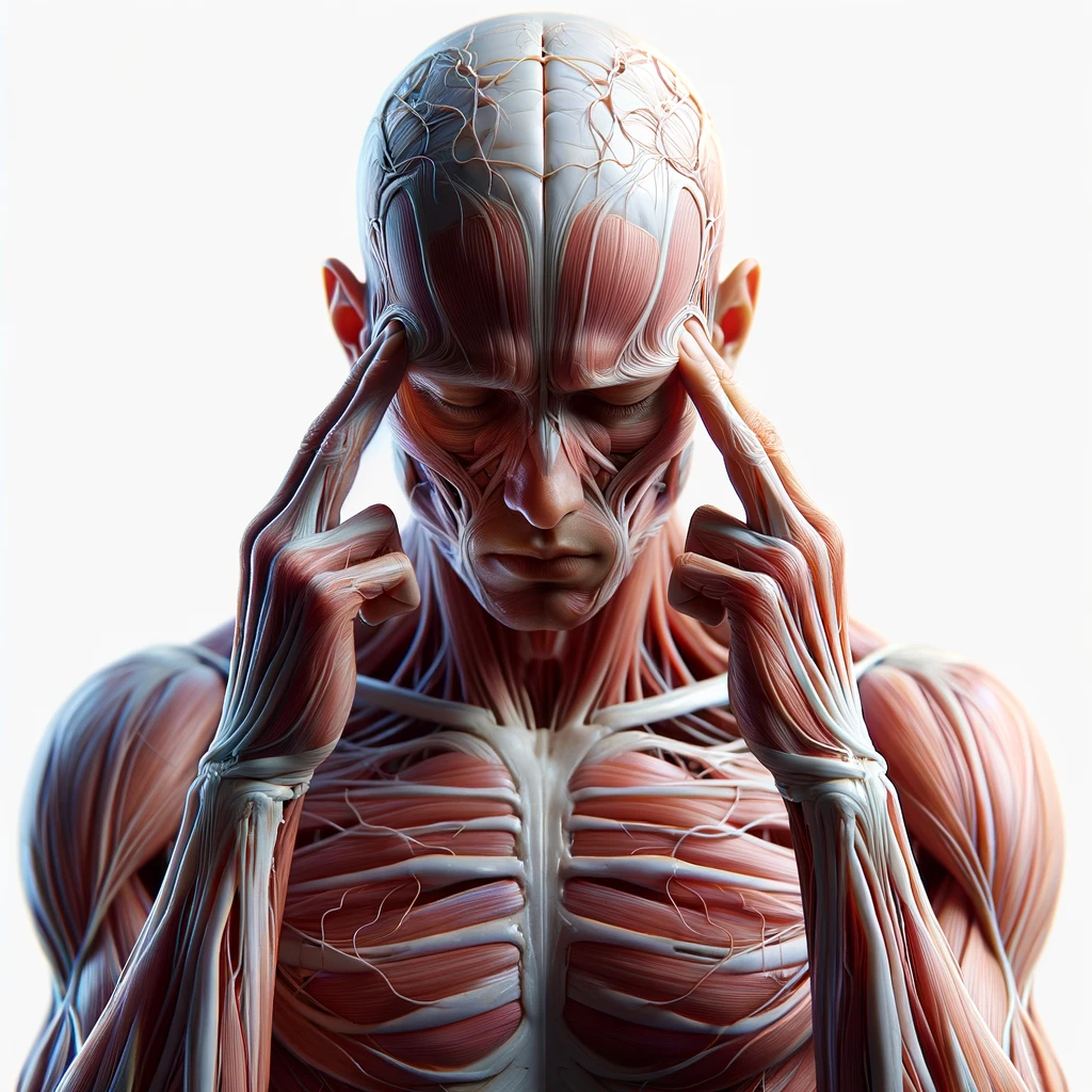 corpo umano anatomico con espressione stanca e stressata in volto, si tiene le dita sulle tempie per calmare il mal di testa, iperrealistico 4k, isolato su sfondo bianco emoji