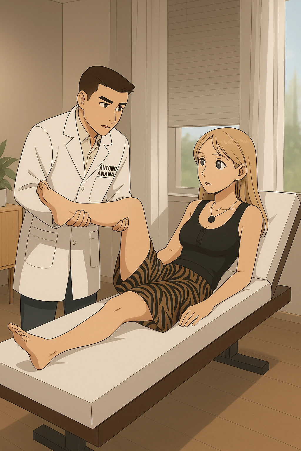 fai un webtoon/manga a colori con questo kinesiologo in camice bianco (fagli la scritta "ANTONIO ANANIA" SUL CAMICE) CHE SVOLGE UN TEST NEUROMUSCOLARE SOLLEVANDO UNA GAMBA ALLA RAGAZZA CHE è STESA SU UN LETTINO BIANCO. STANZA SEMPLICE E MODERNA, DURANTE IL TEST I DUE DIALOGANO TRA LORO. NON FARE I FUMETTI, FAI SOLO LORO COME SE DIALOGASSERO emoji