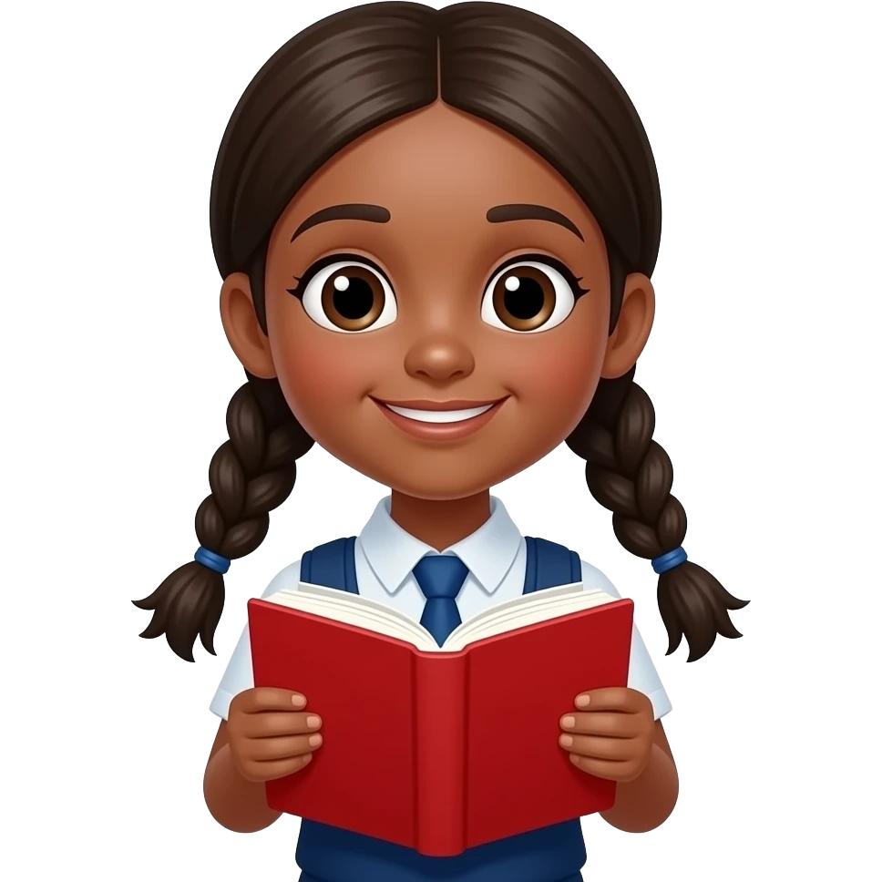brown skin not too much dark skin girl student close up and hold vibrant red book in front of their chest and two sided braid emoji