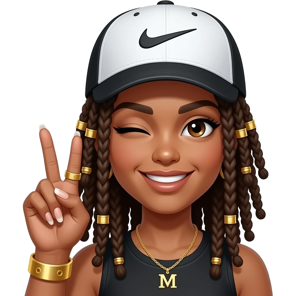 girl wearing a black & white trucker cap plain dreads,curly ends, gold hair charms & accessories. big sneaky smile winking one eye the other  closed. hand doing the period hand gesture, long nails French manicure, gold M ring,  gold thumb ring, had a gold bangle bracelet baddie energy emoji