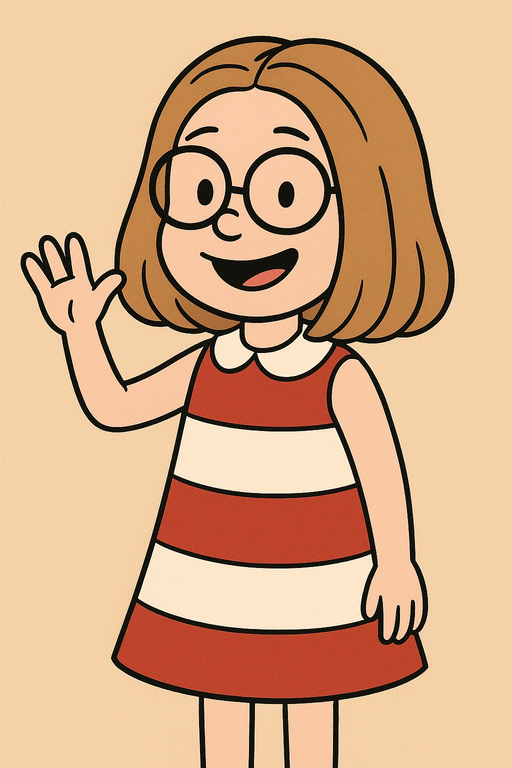 Little girl Gloria Steinem red white dress a hand hello  emoji