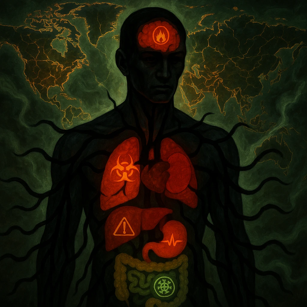 semi-realistic, high contrast style human figure, black worm-like forms radiate to organs, each organ with a colored glow and a disease symbol, world map, glowing fissures, green mist, allegorical emoji