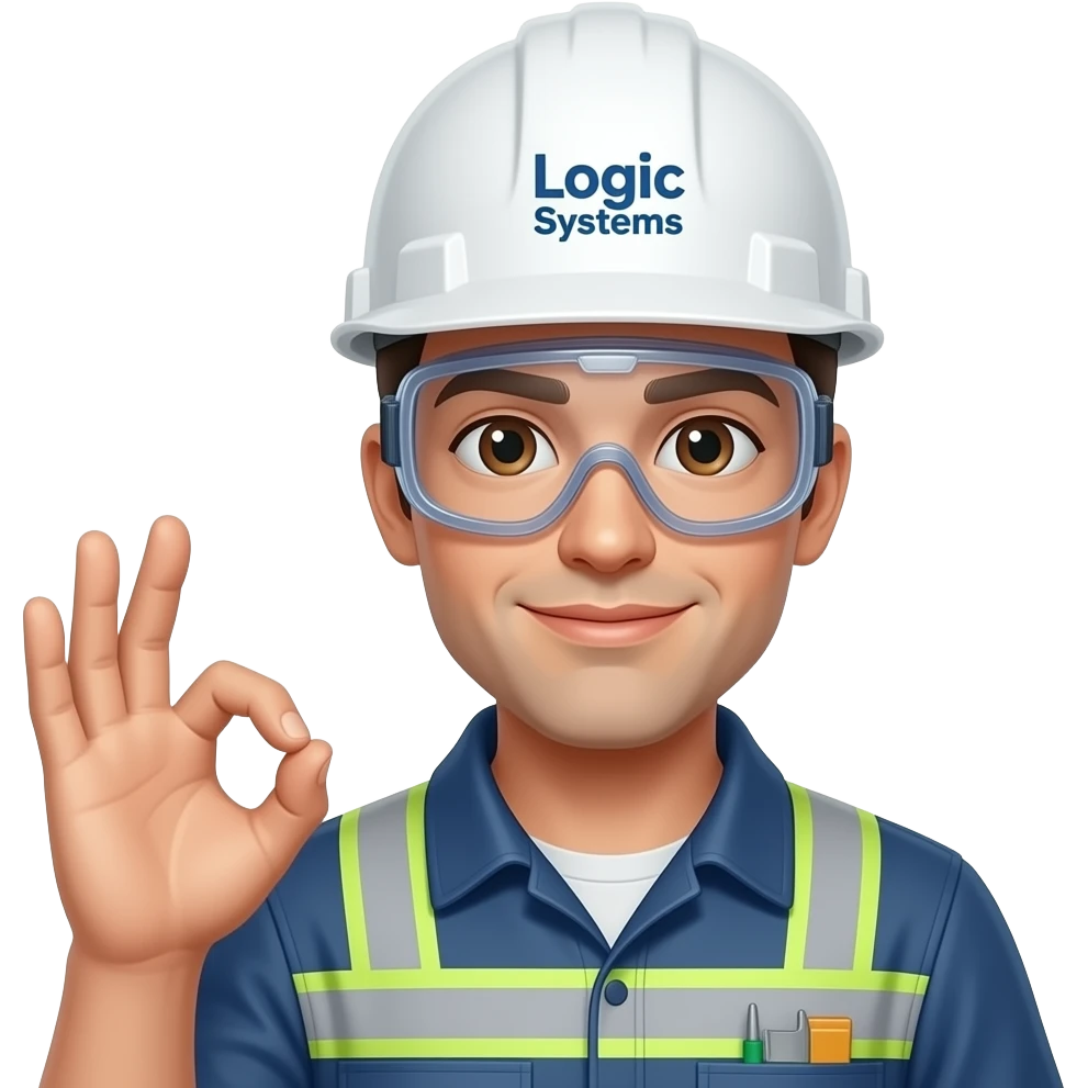 Electricista con ojos marrones claros con casco blanco y que diga Logic Systems   tenga lentes de protección  y con la mano derecha haga el símbolo de OK emoji