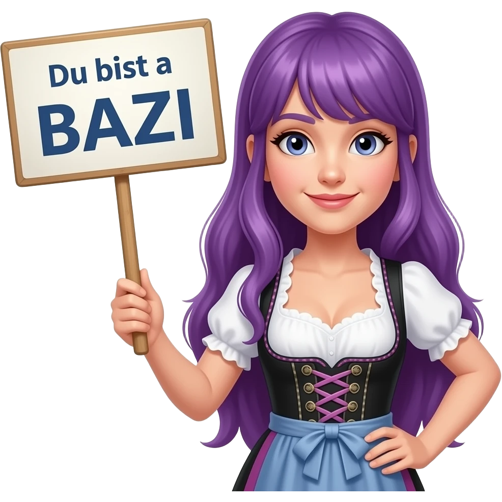girl with long purple hair wearing a dirndl holding a Du bist a BAZI sign emoji