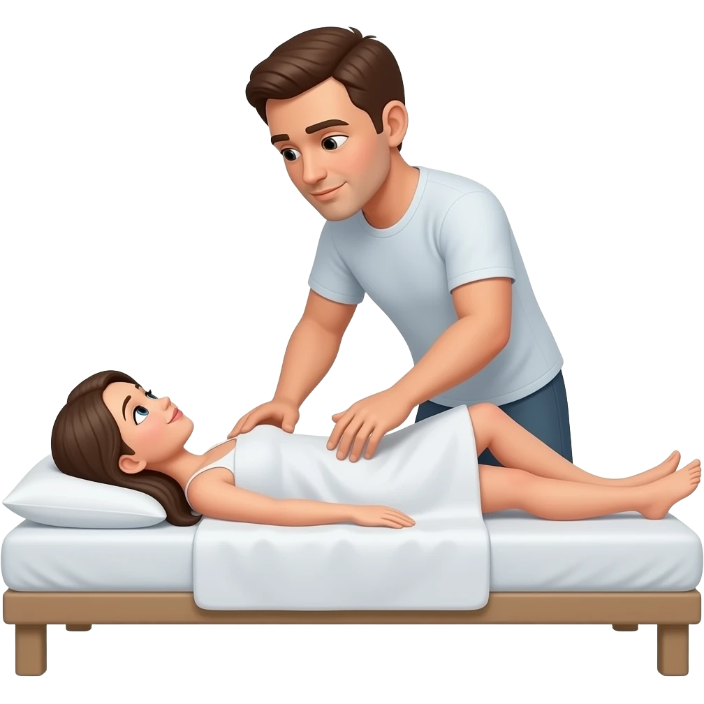 man massaging a naked woman laying on her back on a bed with no sheet emoji