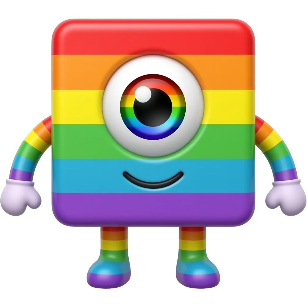 Rainbow block with rainbow, arms,, rainbow legs and one cute rainbow eye, and a rainbow smile, and make it look cute emoji