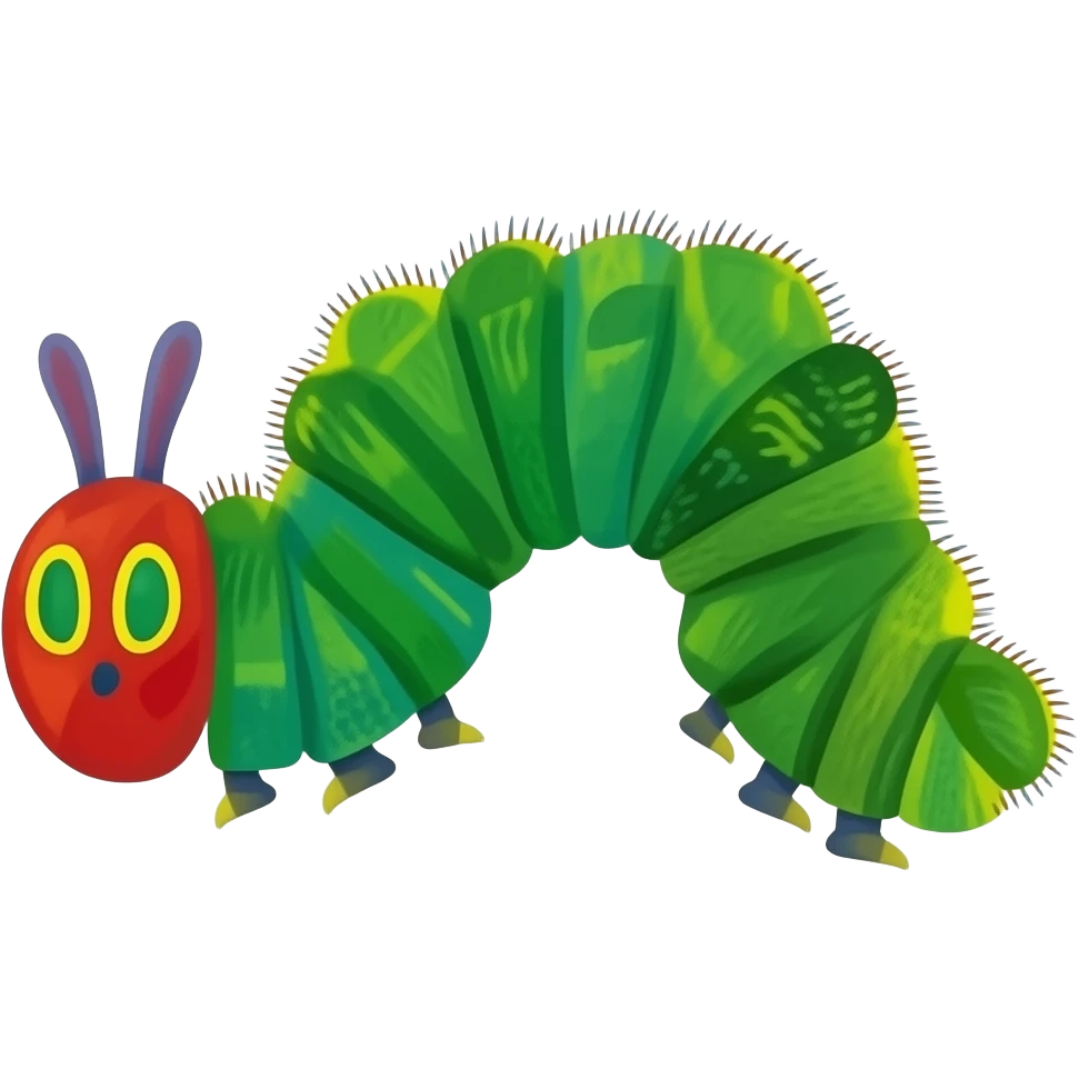 The Very Hungry Caterpillar is a small, bright green larva with a round red face, two yellow-and-green eyes, and purple antennae. Its segmented body features a row of tiny brown tufts along its back and is supported by several sets of small blue legs. emoji