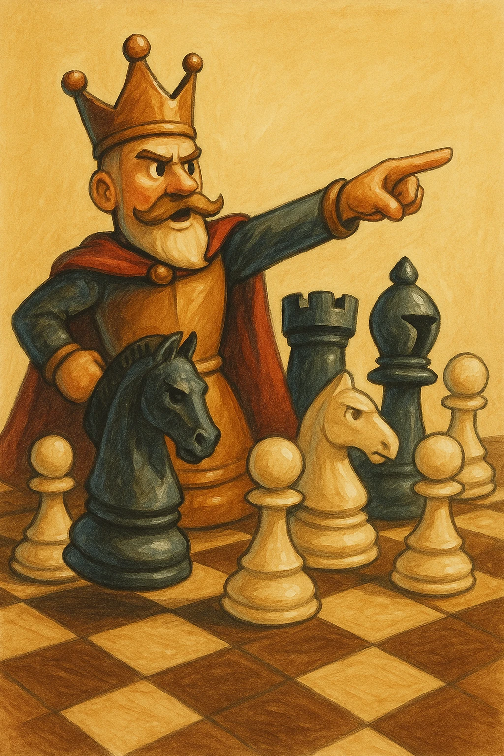 В cлегка рисованной, но при этом объемной и яркой стилистике сгенерируй картинку где по центр стоит шахматный король, он указывает пальцем в даль как военноначальник, а рядом фигуры пешек, конь, ладья, слон идут в атаку, на полу виднеется шахматная доска, фон позади фигур однотонный emoji