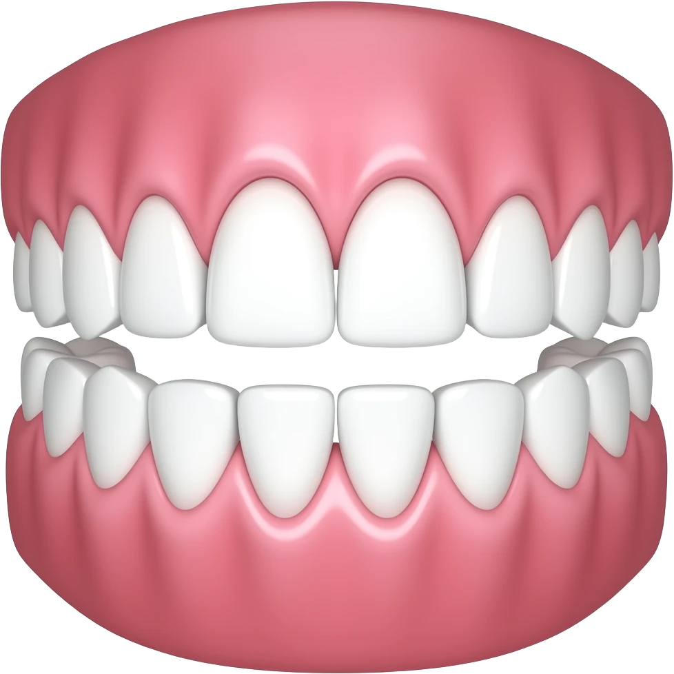 two rows of teeth, upper and lower teeth, teeth shaped like sharp triangles, gapped teeth with visible spaces between each tooth, cartoon style, clean white teeth with slight shine, pink gums, simple kawaii emoji design, transparent background, front view centered emoji