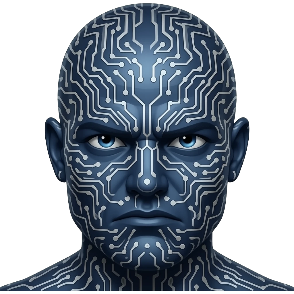 The image features a stylized prehistoric and frowning portrait of Blaze Bayley with dark blue skin covered in computer circuitry. emoji
