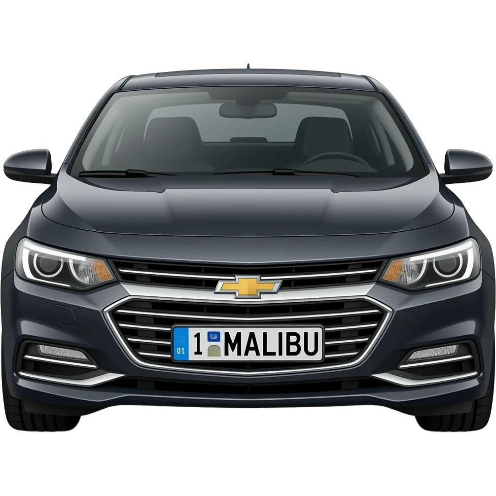 A realistic icon emoji of a metallic black sedan Chevrolet Malibu 2.0L Turbo Premier, wide shot, dark charcoal tint windows, chevrolet logo, black alloy 5-spoke rims, Dynamic white glow LED headlights with glowing effect, uzbekistan region flag, number texts "01 | MALIBU" in plate emoji