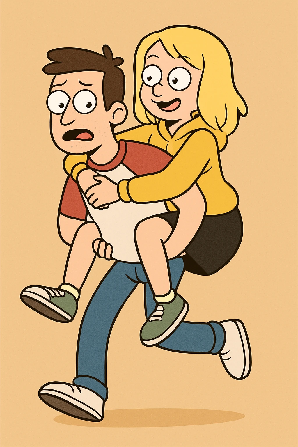 A man Raglan sleeves with Red t-shirts blue jeans white shoes carried by a cute a girl yellow hoodie black skirt green shoe  emoji