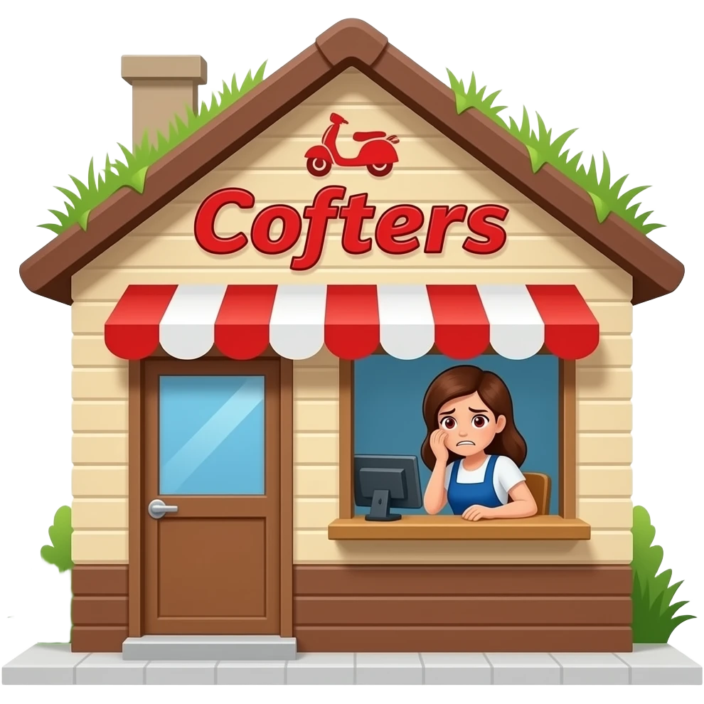 A small coffee shop named scooters with a pitched roof with grass growing on it. The logo is red, the building walls are tan and brown. An extremely stressed woman with bloodshot eyes is working the drive-through window.  emoji