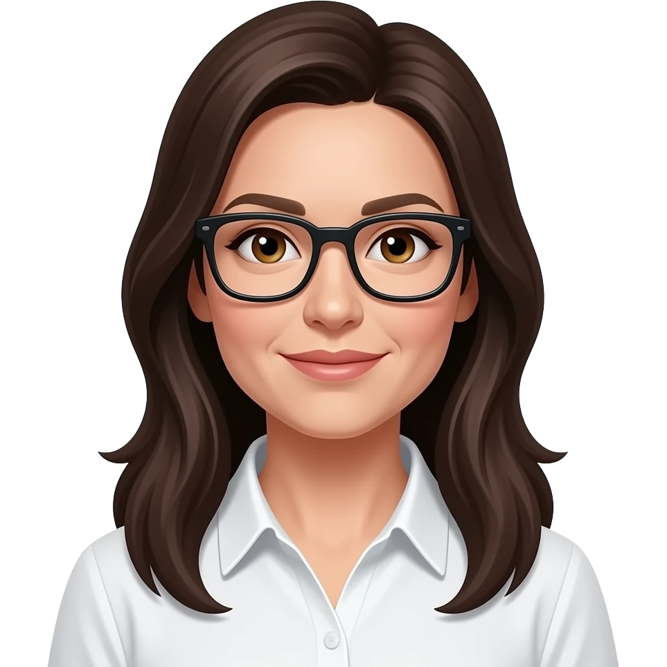 42 year old woman with hazel eyes and dark brown long hair with black rectangle glasses with a white normal shirt emoji