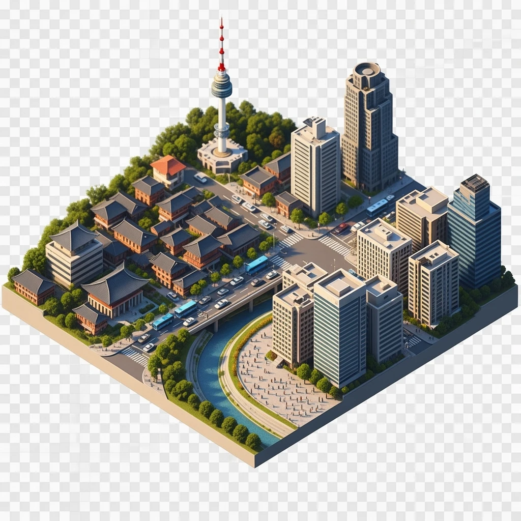 Isometric miniature of Seoul atmosphere of the city 3D miniature effect and Tilt Shift effect, no cartoonish look, transparent background. emoji