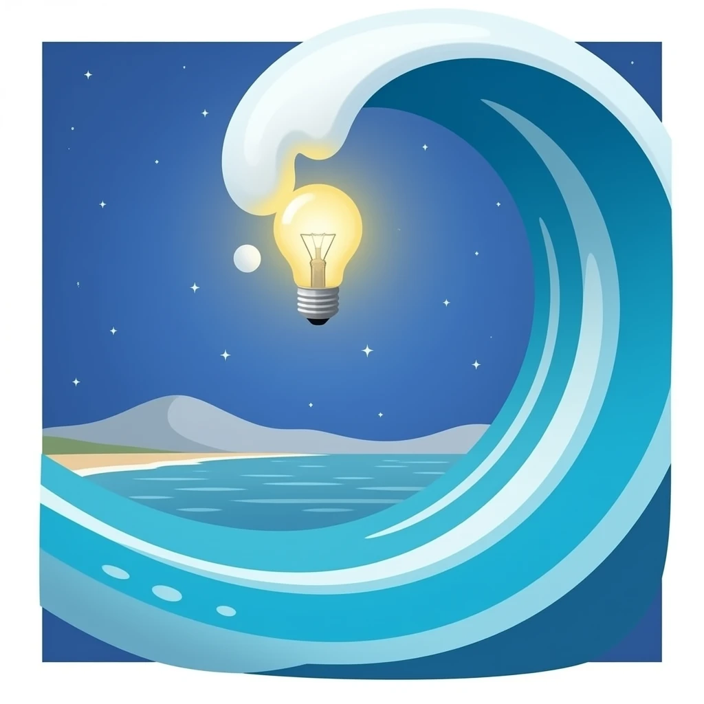 Light Bulb over a Wave + colors include dark blue, deep blue, sky blue, sea turquoise, celestial white, coastal grey emoji