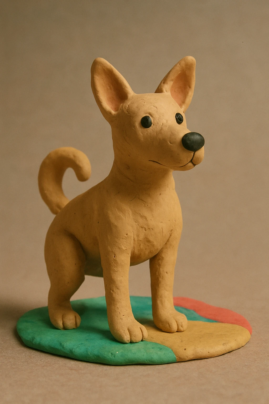 medium-sized sandy colored dog with one back leg missing, tail curled up onto its back, attentive upright ears, claymation style, simple background emoji