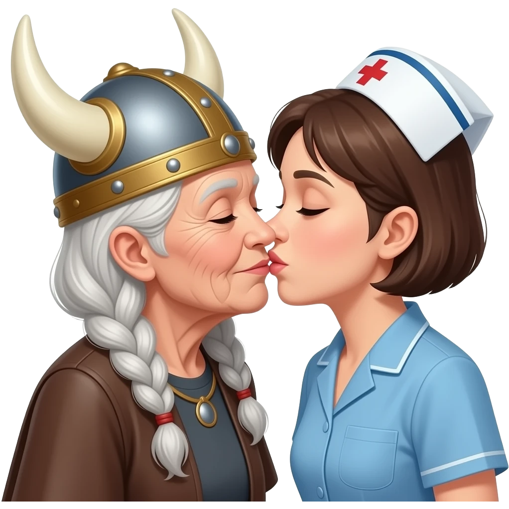 Viking hat silver braids old woman kissing old nurse short brunette hair kissing on lips emoji