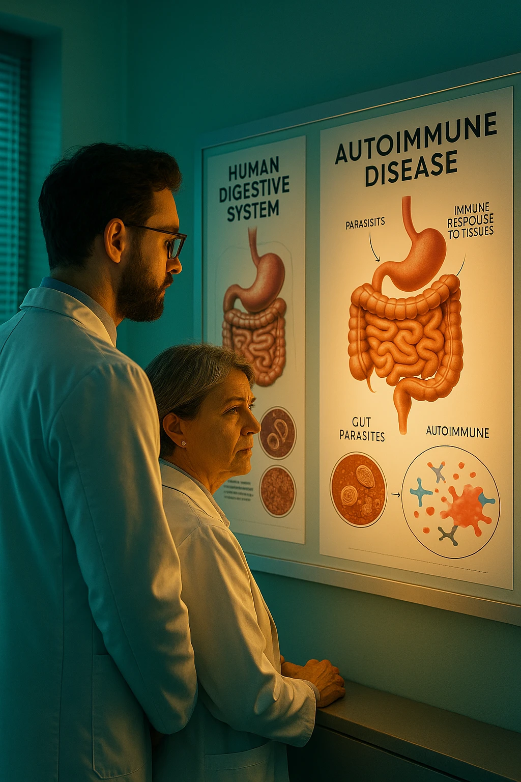 Realistic, detailed photo taken from behind of two doctors—a bearded man and a middle-aged woman—standing side by side in a modern medical office, intently studying a large, illuminated medical chart on the wall. The chart displays a detailed diagram of the human digestive system, highlighting the intestines and showing microscopic images of intestinal parasites. Next to it, another chart illustrates the immune system attacking healthy tissues, visually connecting gut parasites to autoimmune disease mechanisms. The room is bathed in a single green-blue color, with a warm, yellow-orange light casting soft shadows around the doctors. Both wear white coats and have serious, focused expressions, suggesting a deep discussion about the root causes of autoimmune conditions. Shot with a Canon EOS R5, with high detail, natural depth of field, and a clinical yet dramatic atmosphere. emoji