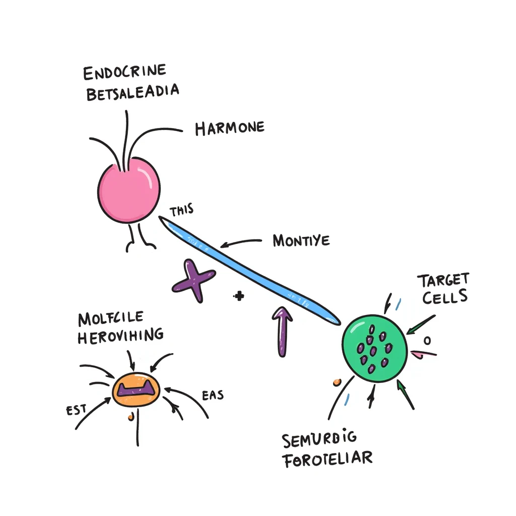 Hormone pathway illustration: pink endocrine gland releasing purple hormone molecules traveling through blue bloodstream to reach green target cells. Hand-drawn diagram showing molecular binding and resulting cellular changes with labeled parts and colorful signaling cascade. emoji