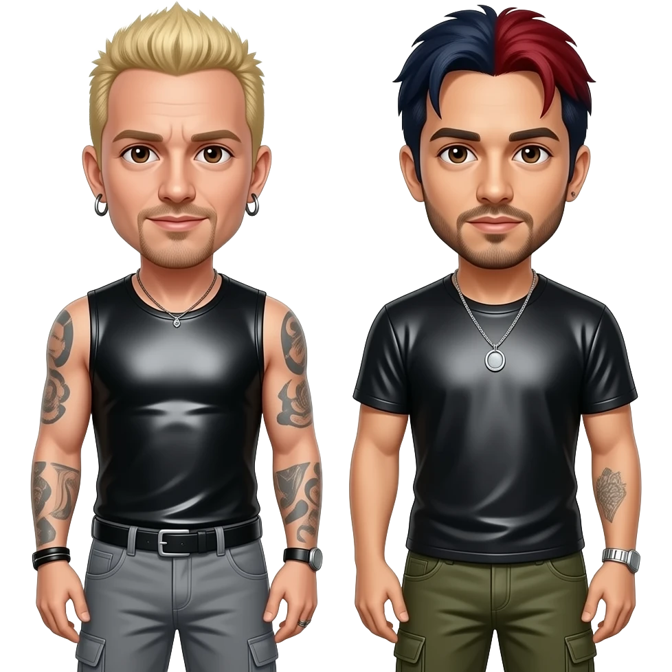 Linkin Park with Chester with brown eyes, blonde hair, black metallic sleeveless shirt, gray baggy pants, Mike with brown eyes, dark indigo and red hair, black metallic t-shirt, olive metallic baggy pants, silver necklace emoji