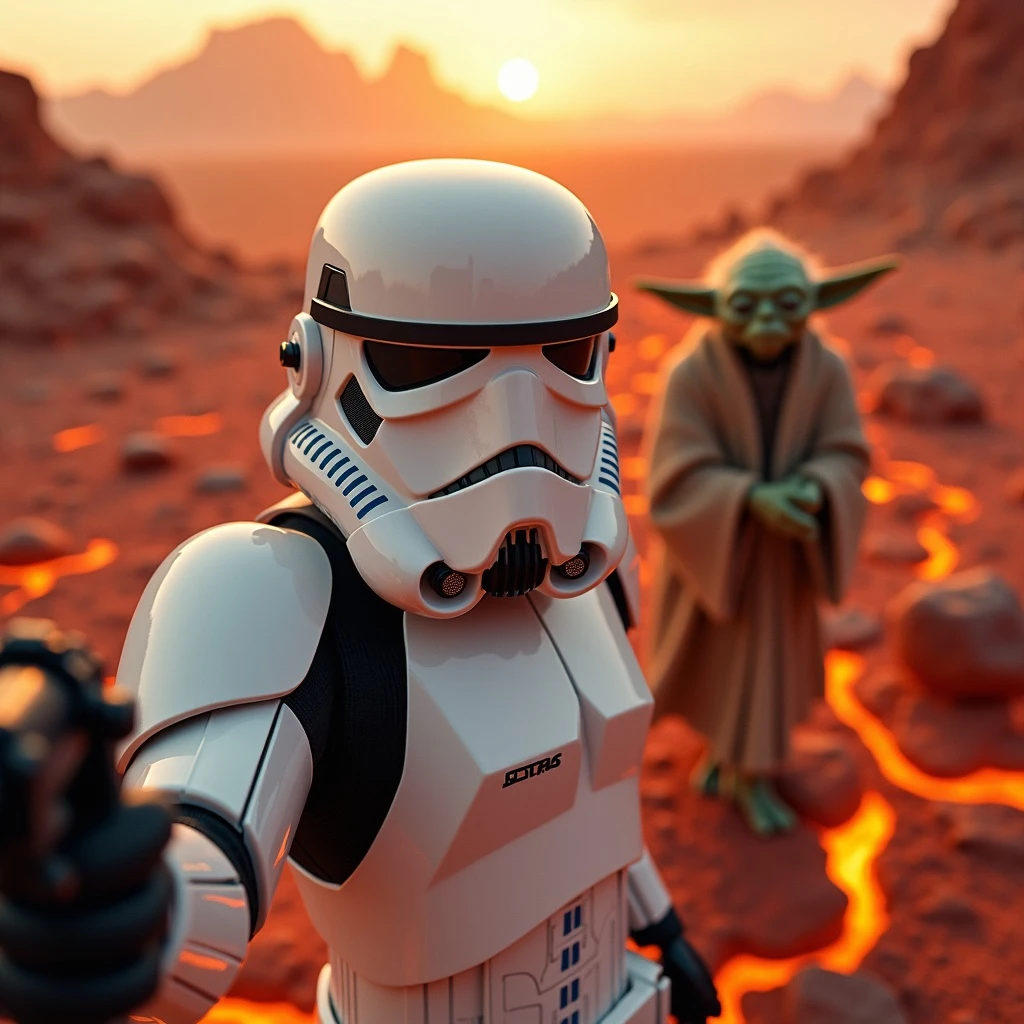 Camera POV, Starwars stormtroopers vlogging selfie, he is walking on lava planet with yoda emoji