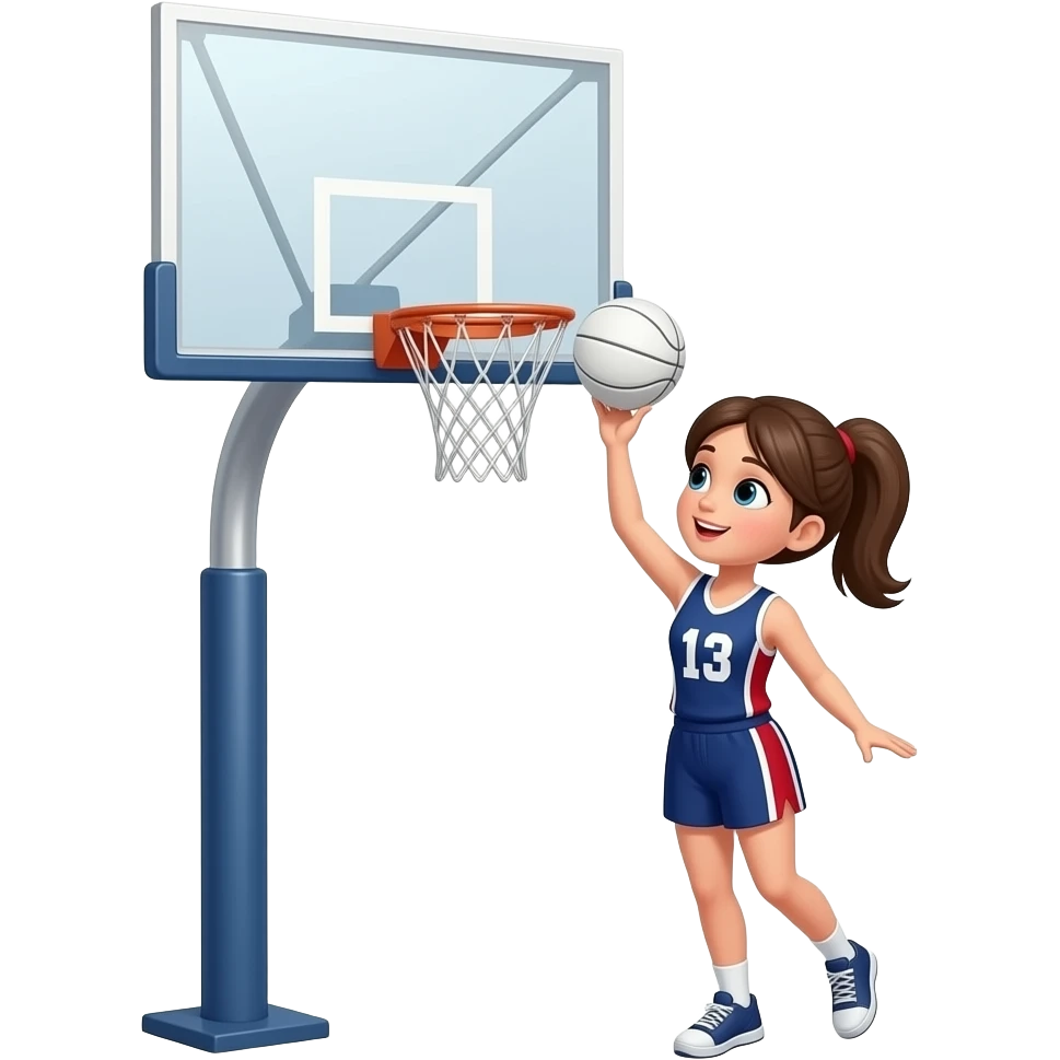 I want a girl shooting a goal into a netball ring which is just one ring connected to a post holding a white ball with no backboard and full white ball wearing a netball dress emoji