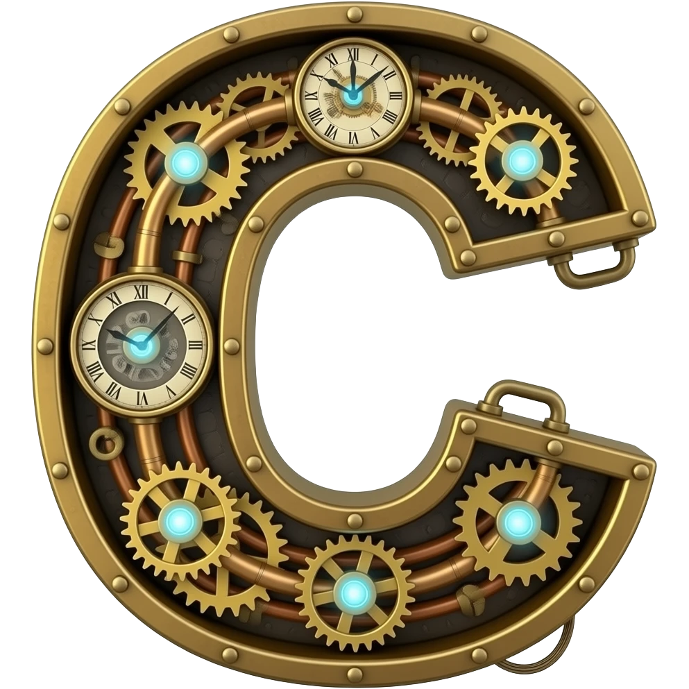 A complex Steampunk Letter 'C' constructed from interlocking brass gears, copper pipes, and tiny hissing steam vents. Small glowing blue Edison bulbs attached to the frame, mechanical clockwork style, highly detailed textures emoji