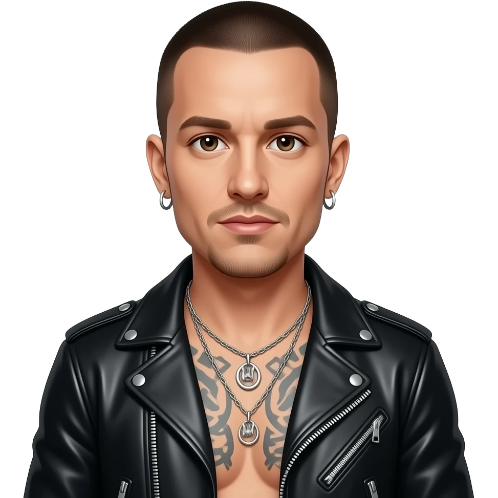 Chester Bennington with dark brown eyes, dark brown buzz cut hair, black metallic rock jacket, dark green metallic rock baggy pants, shirtless with necklace and earrings emoji