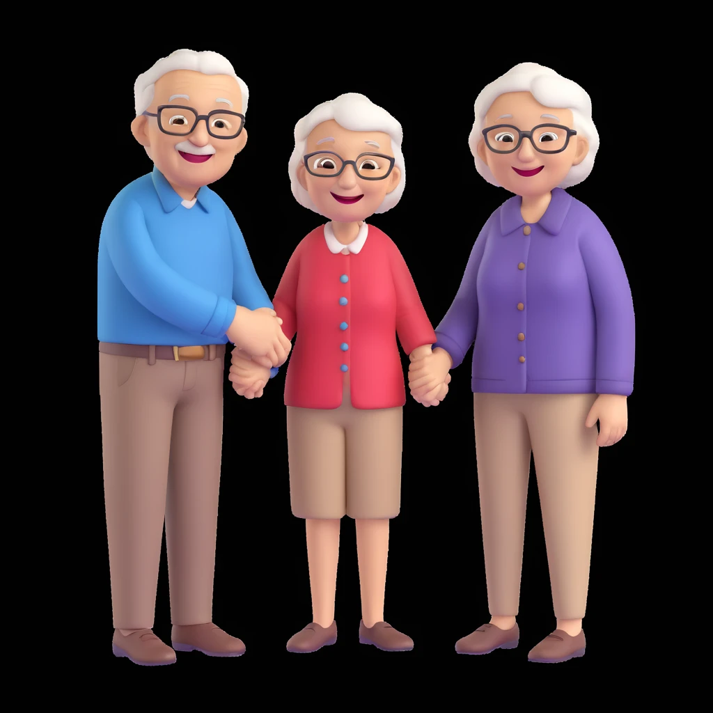 elderly man and woman holding hands and laughing, realistic 3D style, cozy setting emoji