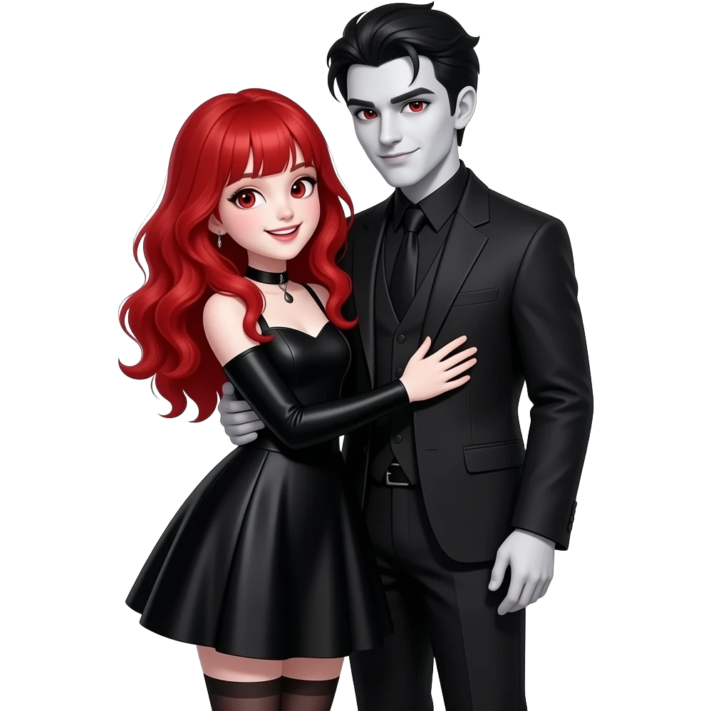 Vampiro femmina 12enne con pelle bianca capelli lunghi  rosso fuoco ondulati e la frangetta che indossa una vestito stretto in vita e largo sotto nero con maniche lunghe e anfibi che arrivano alle ginocchia che sta abbracciando un altro vampiro maschio sorridendo emoji