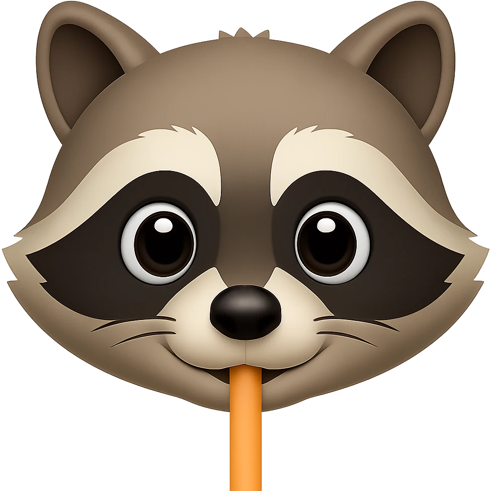 Show only the raccoon's face drinking through a straw in the style of apple emojis, with no background, focusing on concise emoji style details. emoji