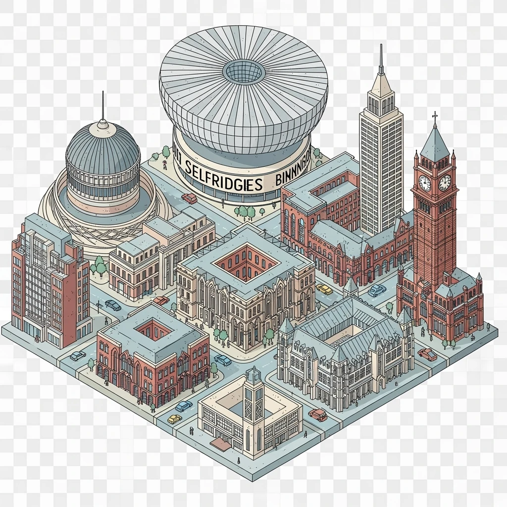 Isometric illustration of the Birmingham with iconic cities landmark, miniature slightly hand-drawn style, transparent background. emoji