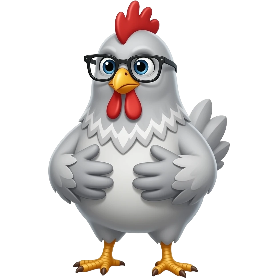 chicken with grey feathers throughout with glasses with wings on its hip giving a judgemental look emoji