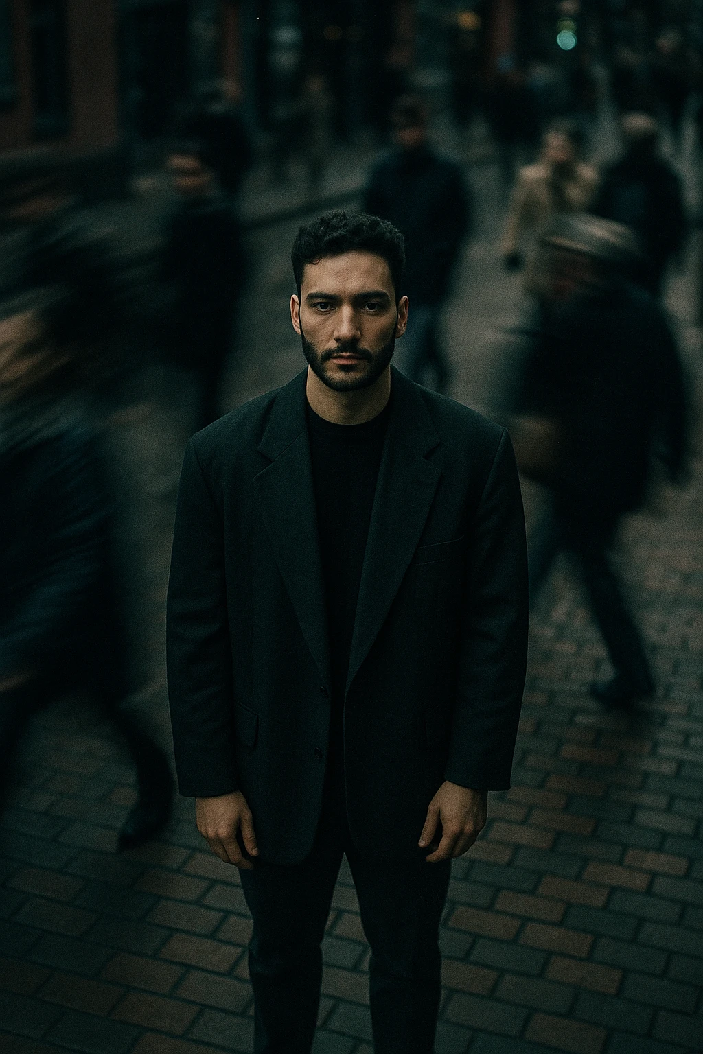 overhead shot of me standing still on a brick city sidewalk, wearing a dark oversized blazer,
motion-blurred crowd rushes past around me. Moody lighting, 35mm film look, shallow depth of field, sharp focus on me. emoji