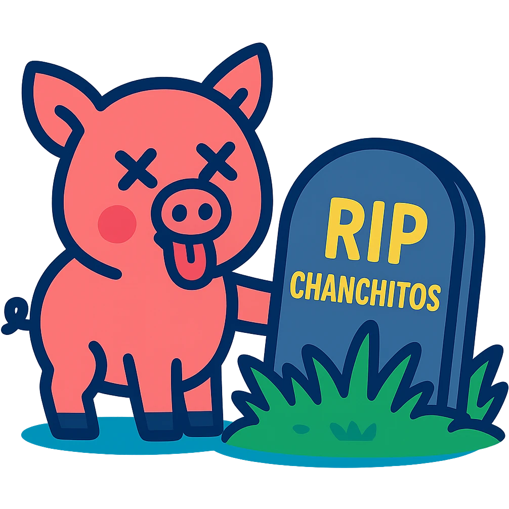 Add the text 'RIP CHANCHITOS' on the tombstone and depict the pig with a dead expression (X eyes, tongue out) in vibrant cartoon style, no background. emoji