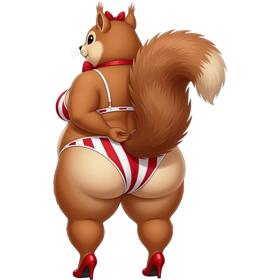 A tall really extremely really really fat heart shaped red and white bikini big booty bbl squirrel showing back its big thighs and buttocks while putting her hands behind the wall and it with a red bow tie on head wearing red high heels on left big boobs emoji