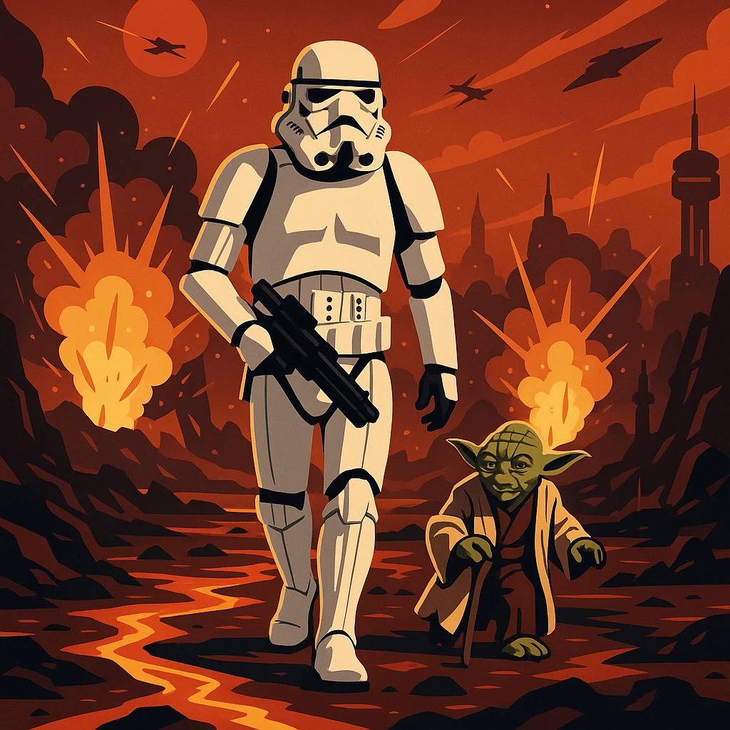 vector art of a Starwars stormtroopers is walking on lava planet with yoda, battleground background 
 emoji