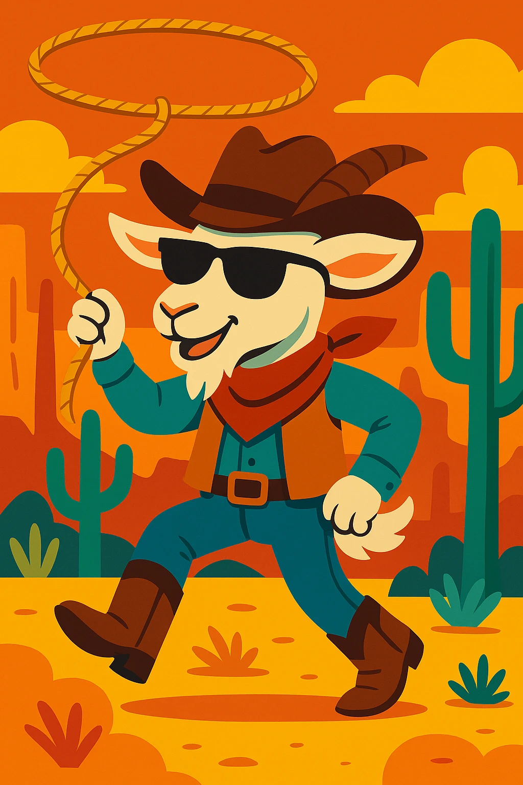 Add cool black sunglasses to the goat cowboy, keep the vibrant cartoon style. emoji