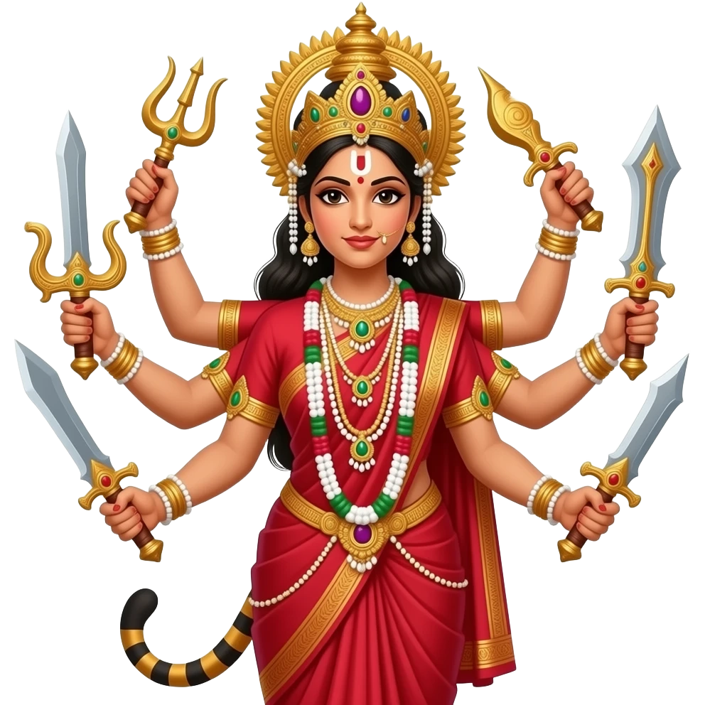 One tiger on the tiger One lady on red saree with four hand she have for hand he have a many jewelleries and crown golden and many weapons Indian Hindu weapon emoji