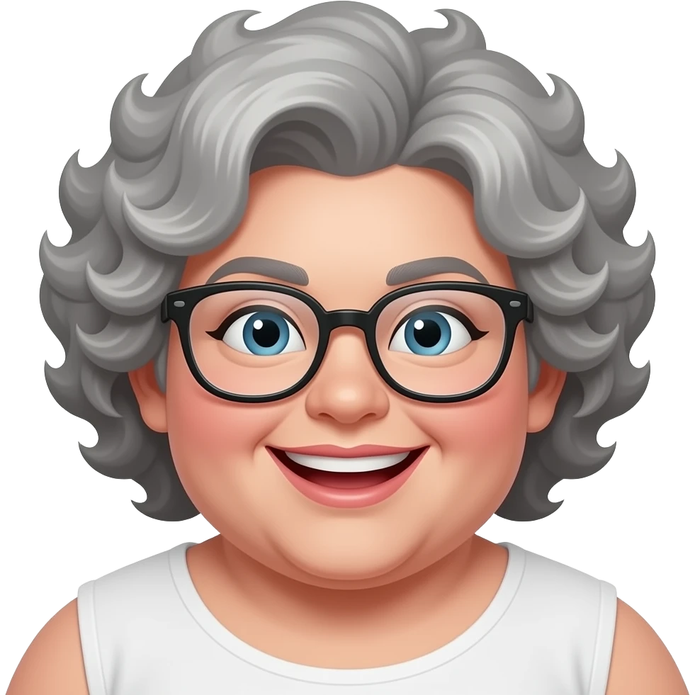 Women, curly gray hair, thin eyebrows, glasses, chubby, funny,silly emoji